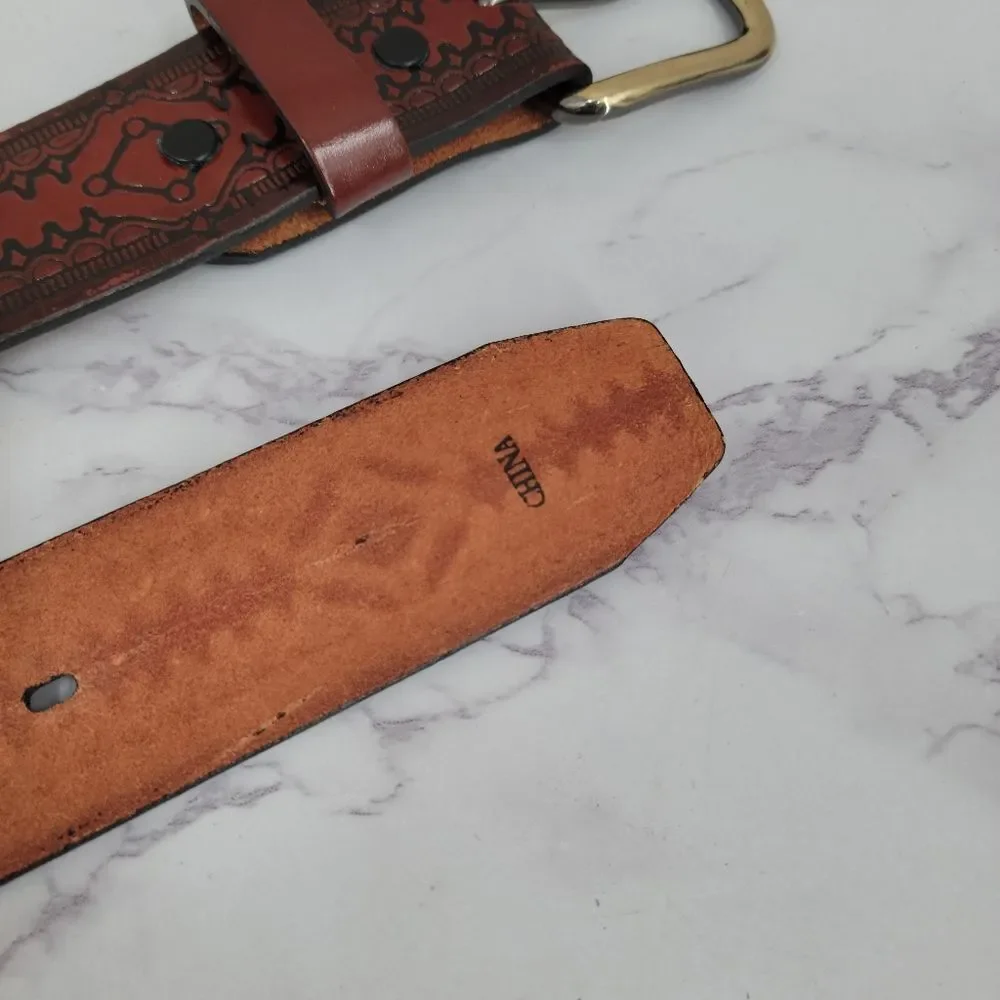 Red Brown Embossed Leather Belt